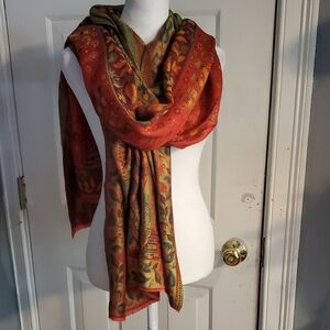 Vibrant Red and Green Silk Pashmina Scarf